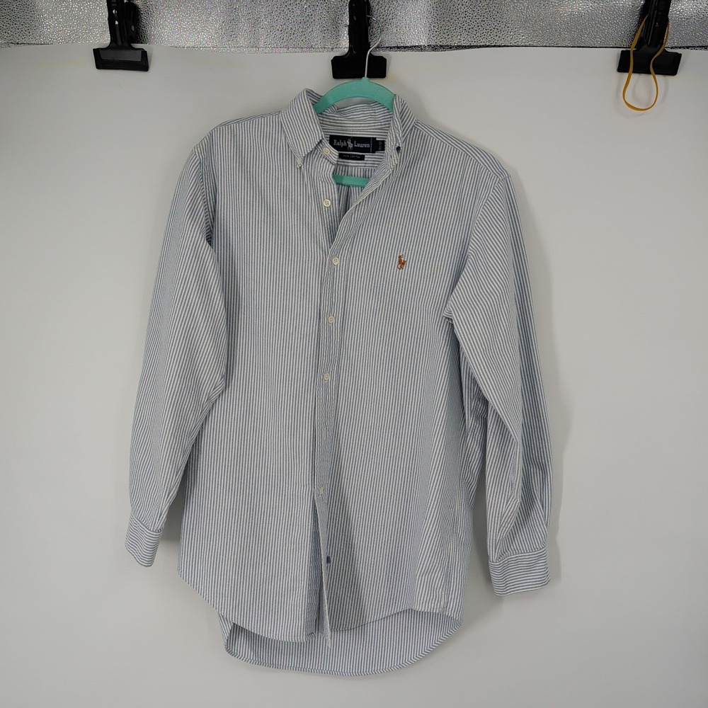 Ralph Lauren Mens 15.5-33 Blue White Striped Cotton Button Down Shirt Flesh Pony